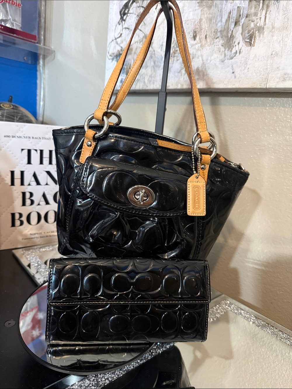 Coach Black Patent Leather Shoulder Bag with Tan Handles